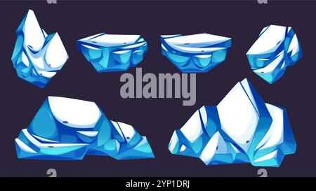 Rocce di ghiaccio isolate su sfondo nero. Illustrazione vettoriale di elementi di design paesaggistico nordico, pezzi di iceberg e ghiacciai, isole innevate artiche per il design dello sfondo di un gioco d'avventura Illustrazione Vettoriale