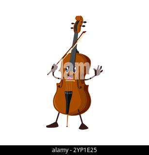 Cartoni animati contrabbasso divertente, contrabbasso musicale. Le attrezzature per musicisti a corde vettoriali sono personalizzate con un viso sorridente e un arco in mano che suona musica classica. Corsi educativi per bambini Illustrazione Vettoriale