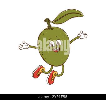 Il personaggio dei cartoni animati verde oliva salta felicemente. Un vettoriale isolato allegro personaggio veggente retrò con foglie, sneaker hippie, occhi espressivi e un viso felice e rilassato cattura l'atmosfera y2k Illustrazione Vettoriale