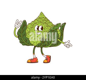Cartoon Groovy Romanesco carattere vegetale di cavolo. Vettoriale allegro e bizzarro fresco vegetariano, sano personaggio di cibo agricolo con espressione felice, indossando scarpe da ginnastica vintage, trasuda un'atmosfera funky e retrò Illustrazione Vettoriale