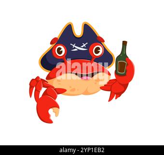 Cartoni animati granchio animale pirata e corsaro personaggio con bottiglia di rum. Vettoriale isolato divertente personaggio di crostaceo filibustiere pronto per avventure e gioviale fuga dal mare, trasuda lo spirito dell'alto mare Illustrazione Vettoriale