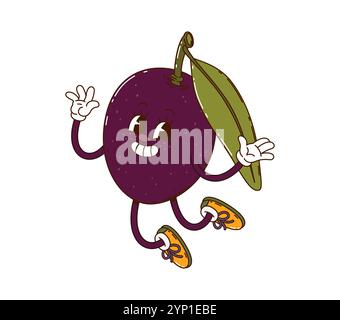 Il personaggio Cartoon Groovy Black Olive Vegetry con scarpe da ginnastica vivaci e un sorriso accogliente, che salta con gioia, cattura lo spirito giocoso dell'epoca rilassata del 60. Cucina mediterranea vettoriale isolata Illustrazione Vettoriale