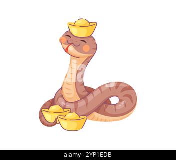 Personaggio del serpente dei cartoni animati con lingotti dorati, simbolo dell'anno lunare cinese 2025. Il simpatico simbolo zodiacale del rettile con lingotti d'oro e il corpo è avvolto in un anello che rappresenta prosperità e fortuna Illustrazione Vettoriale