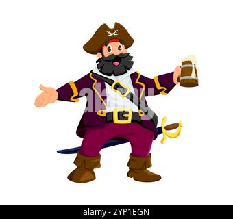 Pirata dei cartoni animati, marinaio privato personaggio felice. Capitano della nave a vela filibustro divertente personaggio vettoriale, bandito dei pirati caraibici personaggio felice o marinaio corsaro che tiene in mano il tankard di legno con birra Illustrazione Vettoriale
