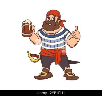 Pirata dei cartoni animati, marinaio privato personaggio divertente. Corsair boatswain personaggio allegro, comica mascotte vettoriale isolata, marinaio caraibico skipper o bandito filibustiere bevendo birra o birra Illustrazione Vettoriale