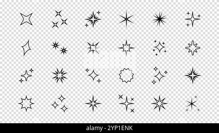 Set di forme scintillanti a stella con bagliore al neon. Icone vettoriali astratte effetto lucentezza in stile futuristico retrò. Stelle scintillanti, flash e raffiche per crea Illustrazione Vettoriale