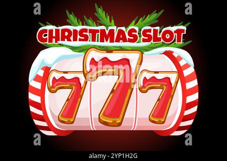 Logo DELLA SLOT natalizia. Striscione con slot machine caramelle e simbolo Gingerbread 777 per i tuoi giochi di slot Illustrazione Vettoriale