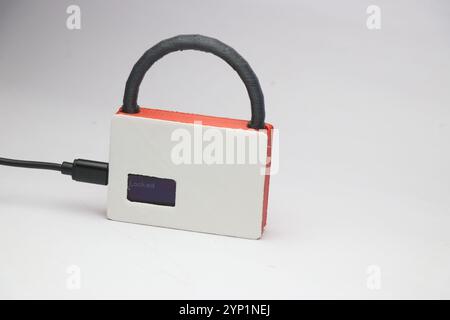 Blocco alimentato tramite USB realizzato con parti stampate in 3d e un modulo OLED che mostra lo stato del blocco isolato su sfondo bianco Foto Stock