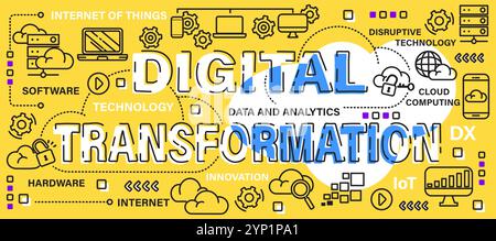 Trasformazione digitale . Concetto tecnologico . Parola con icona a linea stile banner artistico . Tratto modificabile . Vettore . Illustrazione Vettoriale