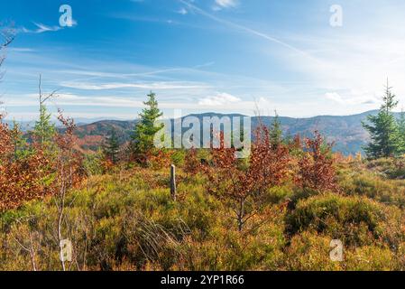 Autunno, le montagne Moravskoslezske Beskydy dalla collina Kozi hrbety nella repubblica Ceca Foto Stock