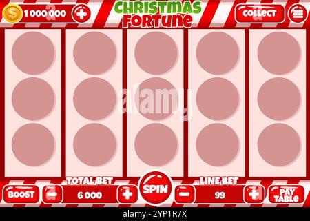Slot machine casinò, design dell'interfaccia utente di gioco, concetto di app mobile per il gioco di Natale o gioco a tema di caramelle. L'interfaccia utente del gioco di slot con Illustrazione Vettoriale