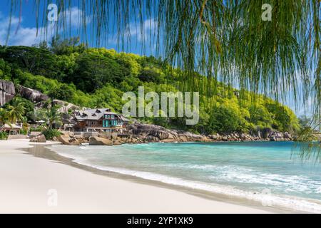 Anse Takamaka, pittoresco paesaggio di spiaggia tropicale sull'isola di Mahé, Seychelles Foto Stock