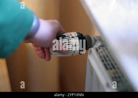 Eine Frauenhand dreht an einem Thermostatkopf an einem Heizkörper Heizkörper. Der Thermostatkopf steht auf Stufe 4. Symbolbild zum Thema Energiekosten am 28.11.2024 in Siegen/Deutschland *** Una mano di donne gira una testa termostatica su un radiatore la testa termostatica è impostata al livello 4 immagine simbolica dei costi energetici su 28 11 2024 a Siegen Germania Foto Stock