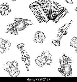 Fisarmonica, tromba, tazza di birra in legno, cappello tedesco e incisione con pretzel dipinta. Oktoberfest Vector bianco e nero con motivo senza cuciture isolato. Gente tedesca Illustrazione Vettoriale