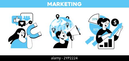Social media, marketing digitale, comunicazione online e concetto di networking, set di illustrazioni Foto Stock