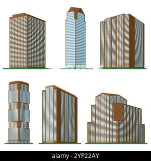 Si compone di sei alti e moderni edifici su sfondo bianco. Vista dell'edificio dal basso. Illustrazione vettoriale isometrica. Illustrazione Vettoriale