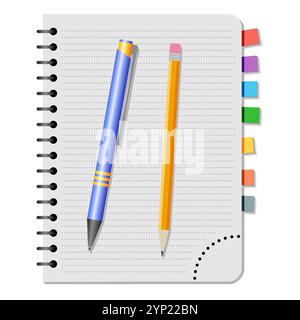 Notebook con segnalibri colorati, penna blu e matita gialla su sfondo bianco Illustrazione Vettoriale