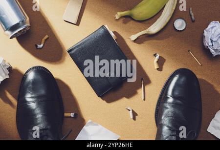 Fortunato uomo d'affari che trova un portafoglio sul pavimento circondato da spazzatura, ripresa dal punto di vista Foto Stock