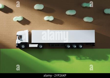 Minibus giocattolo su sfondo riciclato in cartone e carta, concetto di trasporto e spedizione, spazio copia Foto Stock