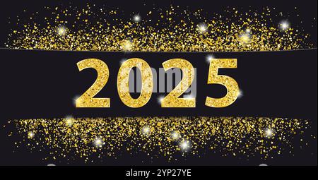 Striscione in carta nera Golden Sand 2025 striscione in carta nera con sabbia dorata e testo 2025. Foto Stock Striscione in carta nera Golden Sand 2025 striscione in carta nera con sabbia dorata e testo 2025. Foto Stock