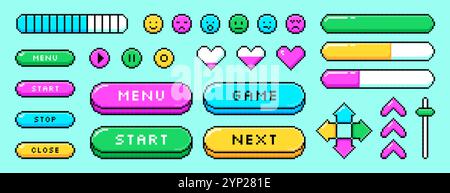 Set di elementi grafici di videogiochi pixel in stile retrò a 8 bit. Frecce pixelate a colori, cuori d'amore, emoticon, barra di avanzamento caricamento, icone indicatore di livello, adesivi per la salute. Pulsanti menu, STOP, Play ui Illustrazione Vettoriale