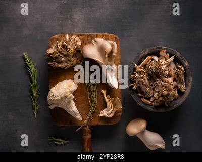 Varietà di funghi che includono leoni criniera, ostriche, maitake, shitake ed erbe fresche Foto Stock