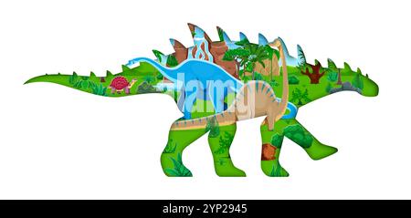 Sagoma preistorica della lucertola di dinosauro tagliata in carta con personaggi dino giurassici, striscione vettoriale. Cartoni animati divertenti preistorici di dinosauro papercut con lucertole giganti dell'era giurassica, foresta per paleontologia dei bambini Illustrazione Vettoriale