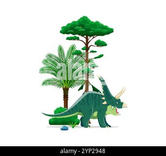 Chasmosaurus personaggio dei dinosauri preistorici. triceratops, un vettore di cartoni animati isolato, come il dino con pelle macchiata verde e corna, sorge in un paesaggio lussureggiante dell'era giurassica con alberi, rocce e cespugli verdi Illustrazione Vettoriale