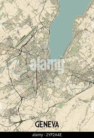 Una mappa dettagliata di Ginevra, Svizzera, che mostra la struttura della città e le aree circostanti. La mappa presenta uno sfondo beige. Illustrazione Vettoriale