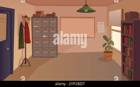 Ufficio interno dell'agenzia investigativa. Sfondo della scena dei cartoni animati. Illustrazione vettoriale Illustrazione Vettoriale