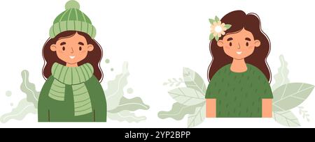 Ragazza felice con abiti alla moda invernali ed estivi realizzati con materiale ecologico riciclato. Abbigliamento ecologico moda sostenibile. Riciclo e gestione Illustrazione Vettoriale