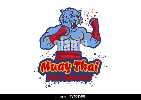 Modello vettoriale logo sportivo per club di combattimento con tigre muscolosa arrabbiata. Logo Vector sport con tigre per il club Muay Thai. Illustrazione Vettoriale