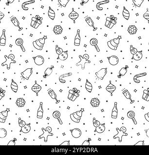 Motivo natalizio senza cuciture con sottili icone natalizie nere su sfondo bianco. Illustrazione vettoriale delle vacanze invernali. Illustrazione Vettoriale