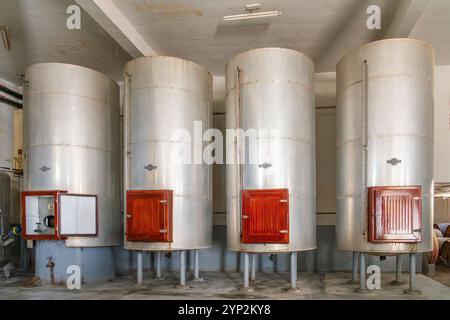 Vasche di fermentazione in acciaio inox, azienda vinicola Vista Alegre, Ica, Perù, Sud America Foto Stock