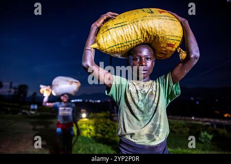 Bambini che portano le ciliegie di caffè in una stazione di lavaggio del caffè, distretto di Rutsiro, provincia settentrionale, Ruanda, Africa orientale, Africa Foto Stock