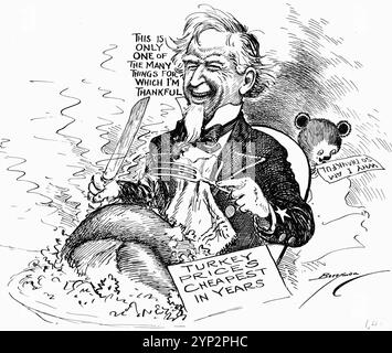 Il fumettista Clifford Berryman aiuta i suoi lettori a celebrare il giorno del Ringraziamento, mentre la grande depressione oscura il paese. Lo zio Sam di Berryman si prepara a tagliare la turchia tradizionale, notando che il prezzo della turchia è il più basso degli anni (a causa della depressione che ha portato i prezzi in calo per la maggior parte delle merci). L'orsacchiotto di Berryman lavora su una lista di "perché sono così grato". Foto Stock