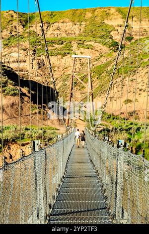 Un ponte su un fiume con una coppia che lo attraversa. Il ponte è realizzato in metallo e ha un design simile a una rete. La vista dal ponte è di un beauti Foto Stock