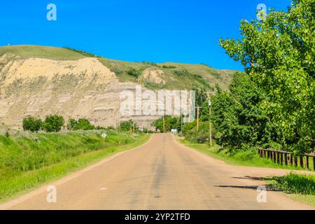 Una strada sterrata con qualche albero sul lato. La strada non è asfaltata ed è circondata da una collina erbosa Foto Stock