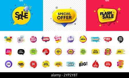 Banner di vendita con offerte scontate. Adesivi per le migliori offerte. Etichetta offerta speciale flash. Buono sconto Bubble. Vettore Illustrazione Vettoriale