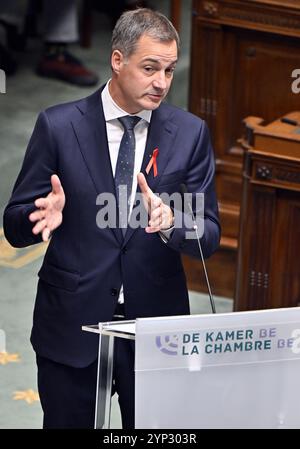 Bruxelles, Belgio. 28 novembre 2024. Il primo ministro uscente Alexander De Croo nella foto durante una sessione plenaria della camera al parlamento federale, a Bruxelles, giovedì 28 novembre 2024. BELGA PHOTO ERIC LALMAND credito: Belga News Agency/Alamy Live News Foto Stock