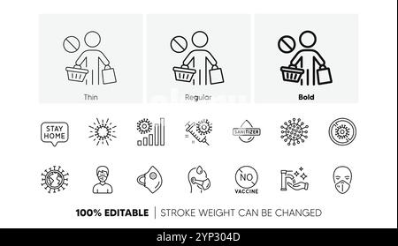Set di icone della linea coronavirus. Disinfettante per le mani, maschera protettiva medica, nessun vaccino. Pandemia di COVID-19. Icone di linea. Vettore Illustrazione Vettoriale
