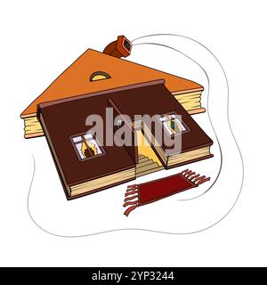 Libri a forma di casa con una porta aperta. Illustrazione vettoriale creativa. Illustrazione Vettoriale