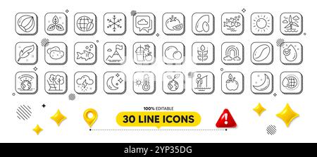 Pacchetto icone bandiera di montagna, piselli e linea di succo. Per applicazioni Web. elementi di progettazione 3d. Vettore Illustrazione Vettoriale