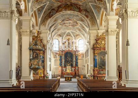 Innenraum der gotischen Kapellenkirche in Rottweil, Baden-Württemberg, Deutschland |  Gothic church Kapellenkirche interior, Rottweil,  Baden-Württemb Foto Stock