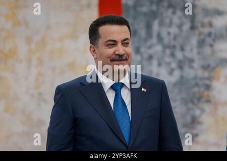 Madrid, Spagna. 28 novembre 2024. Il primo ministro iracheno Mohammed Shia al-Sudani ha visto durante una cerimonia di accordi bilaterali tra Spagna e Iraq al Palazzo Moncloa. (Foto di Guillermo Gutierrez Carrascal/SOPA Images/Sipa USA) credito: SIPA USA/Alamy Live News Foto Stock