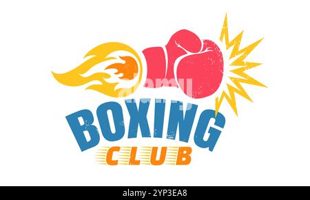 Logo Vector vintage per una boxe con guanto e fuoco. Guanto da boxe con fiamma. Emblema sportivo vintage. Illustrazione Vettoriale