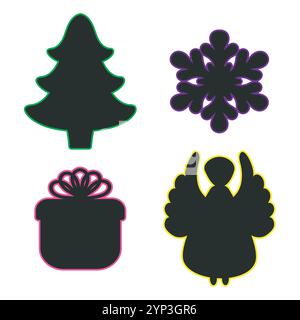 Set di icone di silhouette simbolo di Natale. Confezione regalo fiocco di neve confezione adesivi per pittogrammi Angel Eve. Design piatto nero al neon. Sfondo bianco. Vettore Illustrazione Vettoriale