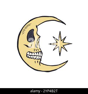 Mezzaluna disegnata a mano con faccia del cranio isolata su sfondo bianco Illustrazione Vettoriale