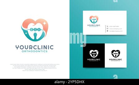 Divertente logo ortodontico, dente con bretelle all'interno di un cuore, simbolo di cura e professionalità. Il gradiente aggiunge un'atmosfera moderna e accogliente. Illustrazione Vettoriale