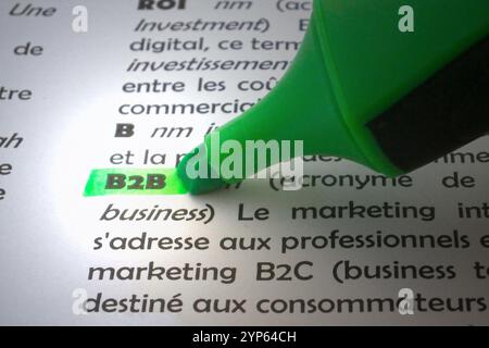 Definizione dell'acronimo "Business to Business" evidenziato nel dizionario francese. Foto Stock